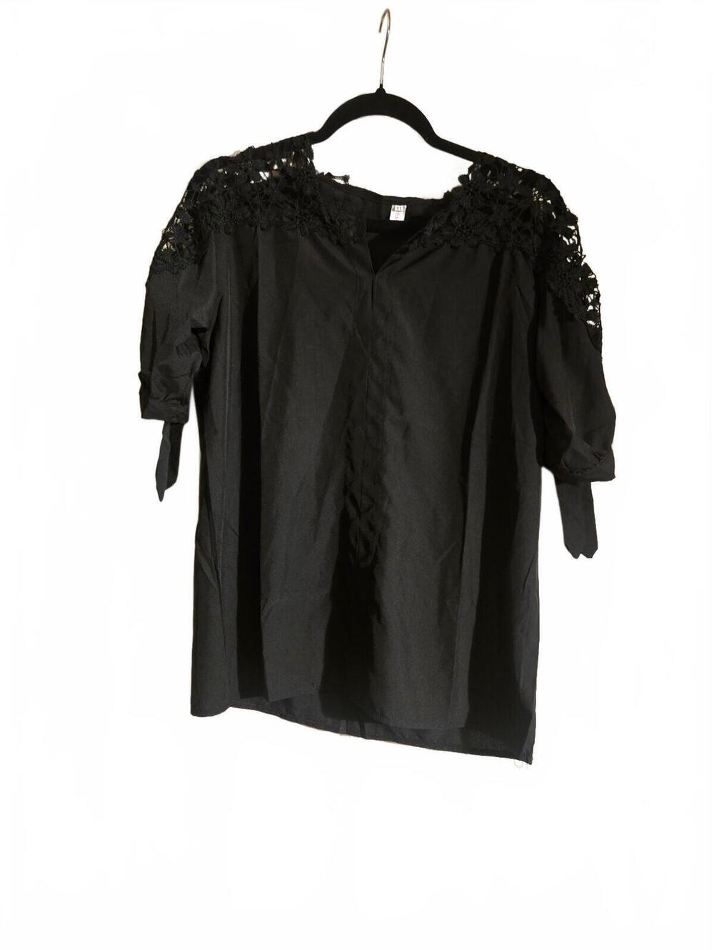 Black Minimalist Goth Blouse with Lace Detail and Tie Sleeves XL